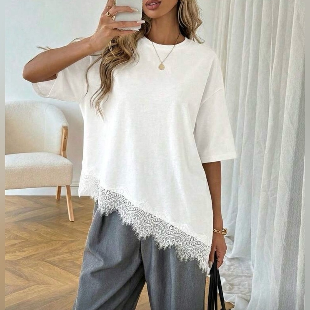 WORN ONCE Elegant White Lace Trim Top